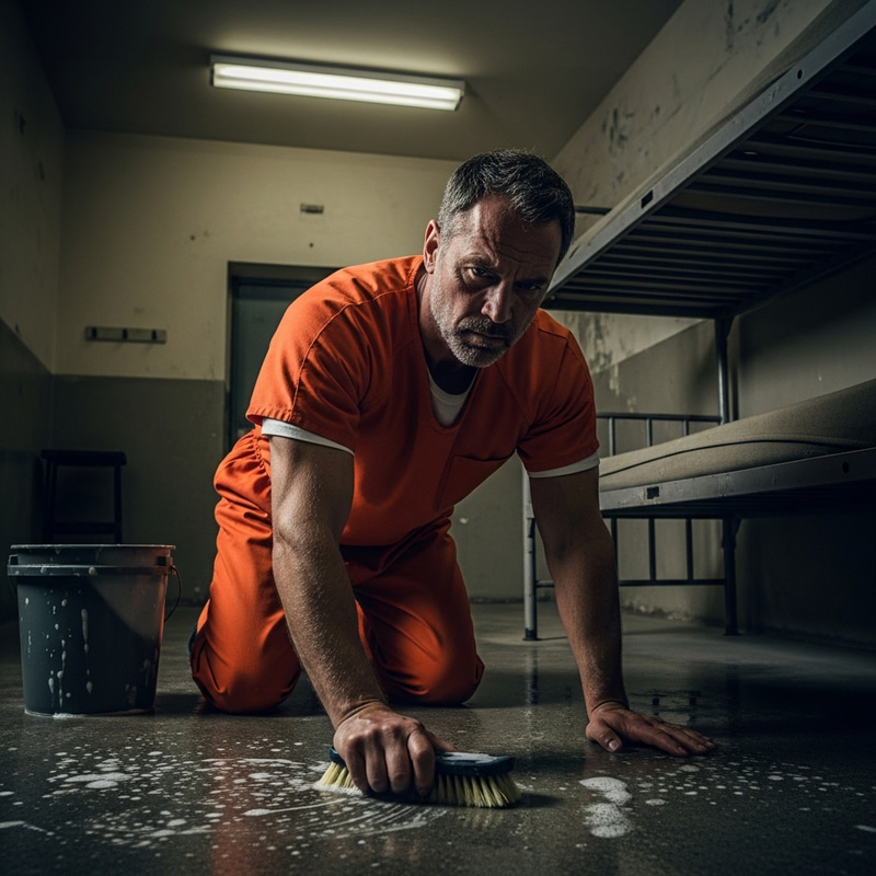 Vladimir Putin Cleaning Floor in Orange Prisoner Clothes