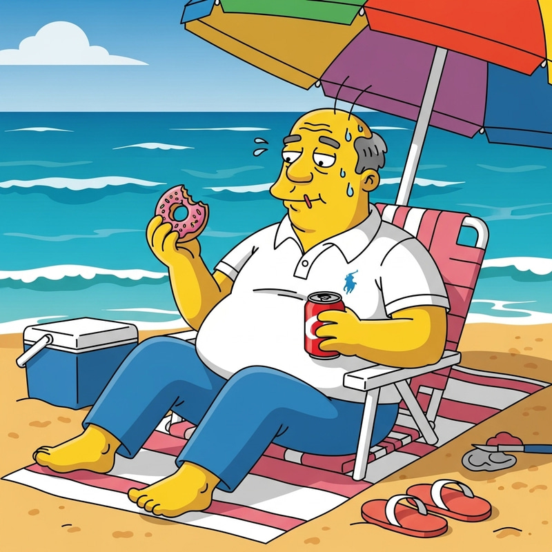 Homer Simpson Relaxing on Beach with Donut & Drink Homer Simpson Relaxing on Beach with Donut & Drink