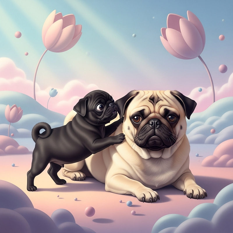 Dreamy Black Pug Puppy Playing with Adult Pug - Joyful Playtime