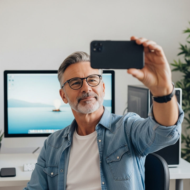Mature Man Black Hair Selfie at PC | Home Office Environment Mature Man Black Hair Selfie at PC | Home Office Environment