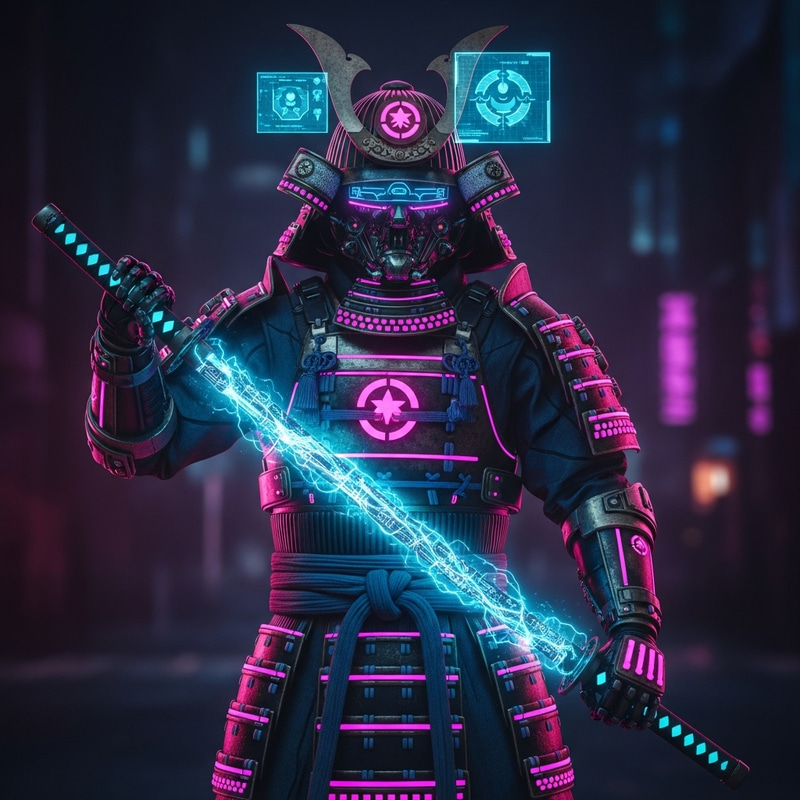 Futuristic Cyberpunk Samurai: Neon Tech Style Futuristic Cyberpunk Samurai: Neon Tech Style