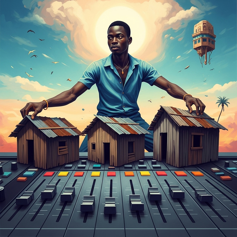 Surrealist African Man Mixing Dilapidated Shacks | Afrofuturism Artistry Surrealist African Man Mixing Dilapidated Shacks | Afrofuturism Artistry