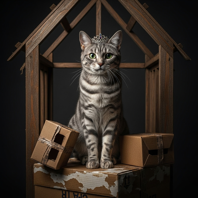 Regal Grey Striped Cat with Green Eyes Crowned Guardian in Abandoned House Atmosphere Regal Grey Striped Cat with Green Eyes Crowned Guardian in Abandoned House Atmosphere