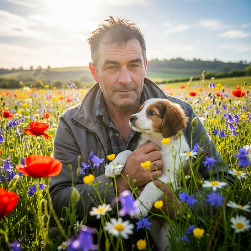 Thomas Mark Harmon Embracing Puppy Amidst Wildflowers & Sunshine Thomas Mark Harmon Embracing Puppy Amidst Wildflowers & Sunshine