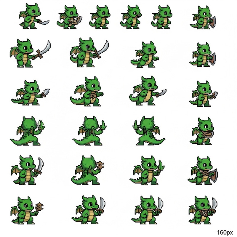 Detailed Pixel Art Sprite Sheet for Young Green Dragon Character Detailed Pixel Art Sprite Sheet for Young Green Dragon Character
