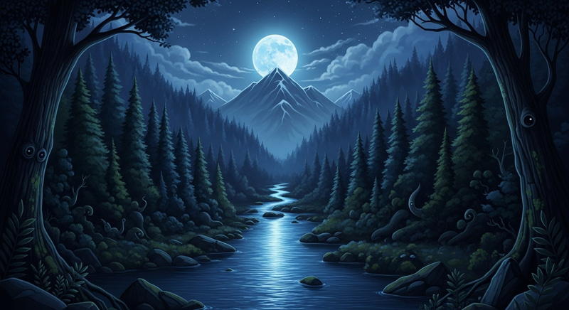 Enigmatic Forests, Serene River, Moonlit Mountain