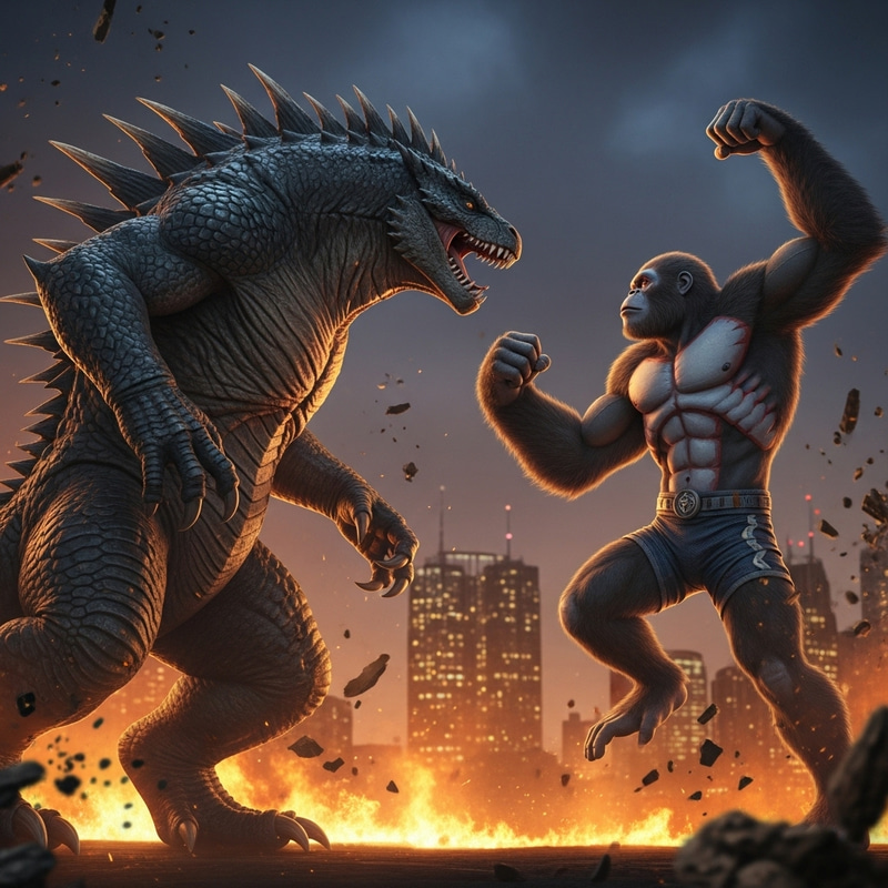 Godzilla vs Kong: Colossal Battle in Fiery Cityscape