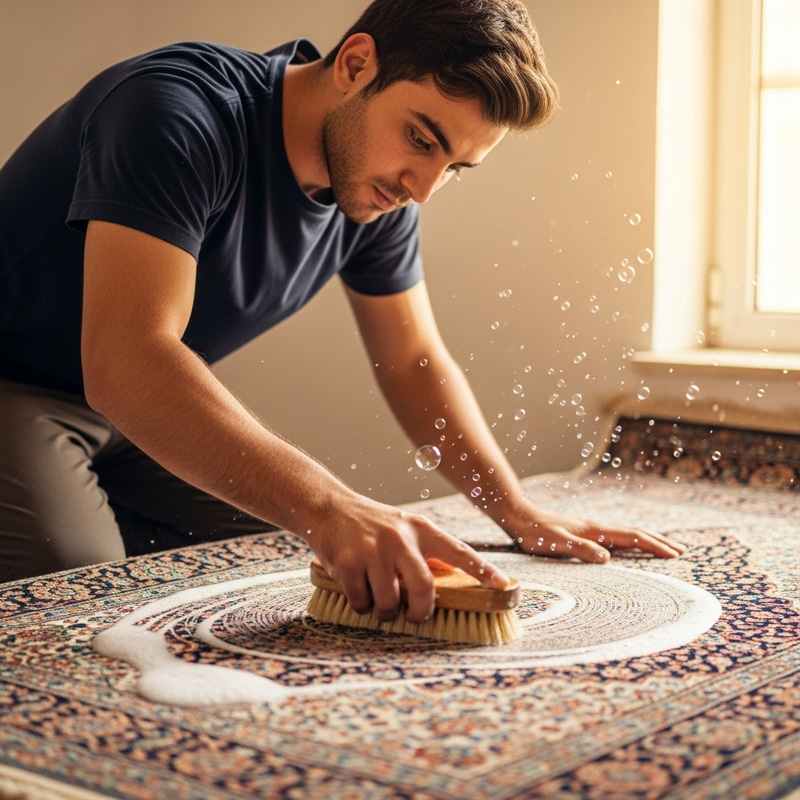Man Cleaning Authentic Persian Rug Man Cleaning Authentic Persian Rug