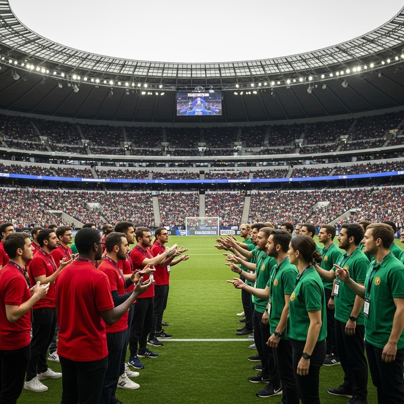 Passionate Debate in Stadium: Red vs Green Groups