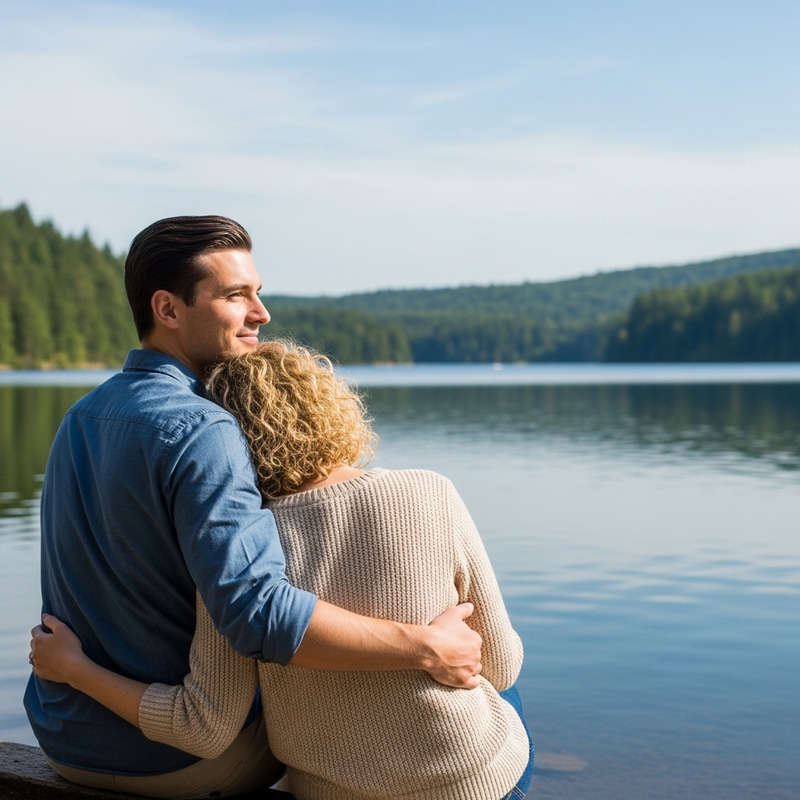 Tranquil Lake Scene: Couple Embraced in Peaceful Beauty
