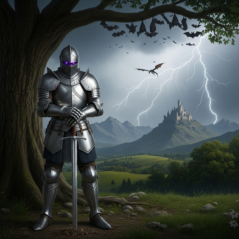 Majestic Knight in Silver Armor amidst Fantasy Realm Majestic Knight in Silver Armor amidst Fantasy Realm