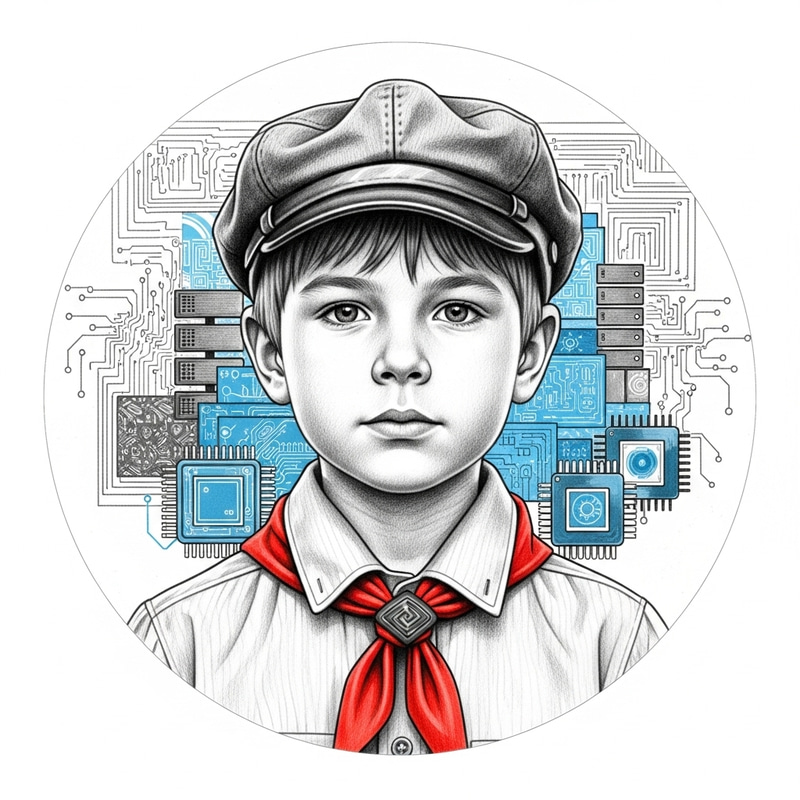 Intricate Sketch of Russian Pioneer Boy with Technological Background Intricate Sketch of Russian Pioneer Boy with Technological Background