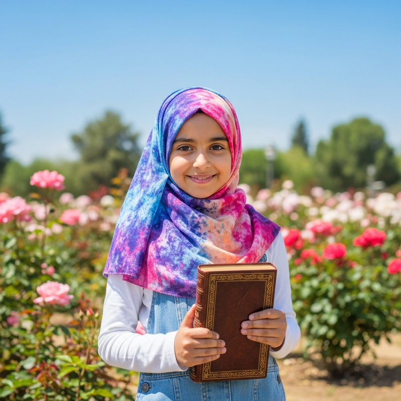 Young Girl in Colorful Hijab Smiling in Blooming Rose Garden Young Girl in Colorful Hijab Smiling in Blooming Rose Garden