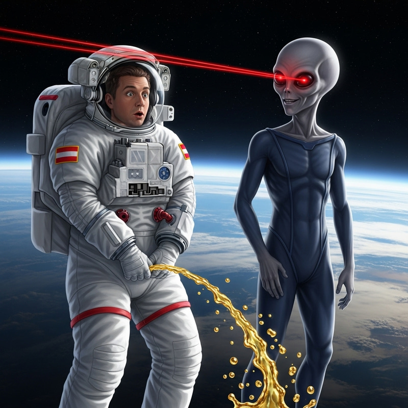 Austrian Astronaut Peeing in Space Next to Laser-Eyed Alien