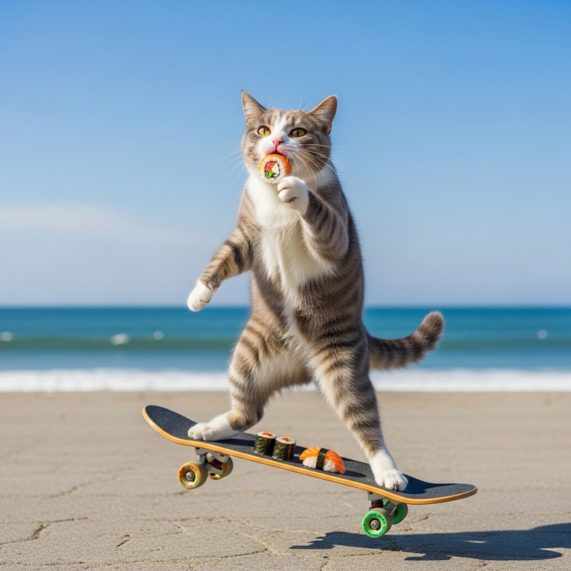 Gray and White Cat Skateboards, Eating Sushi Gray and White Cat Skateboards, Eating Sushi