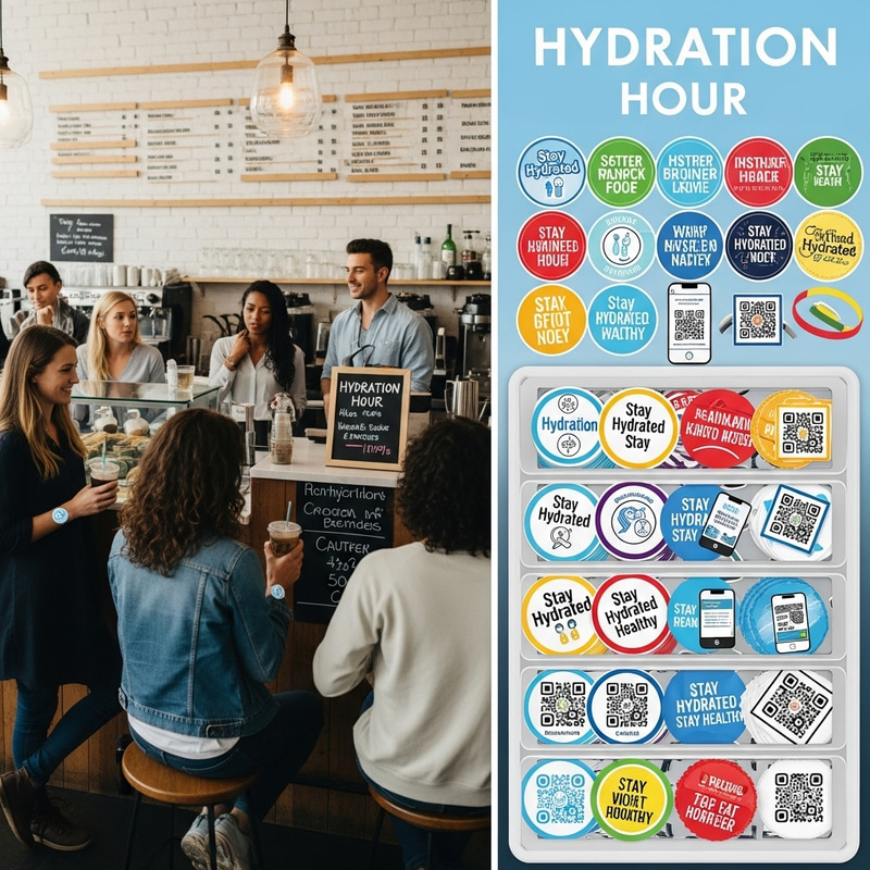 Hydration Hour Cafe: Diverse Customers & Colorful Reminders