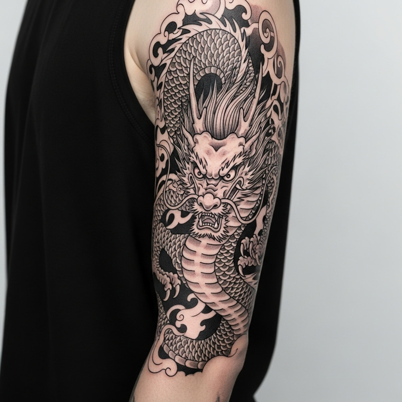 Realistic Chinese Dragon Arm Tattoo in Black Ink Realistic Chinese Dragon Arm Tattoo in Black Ink