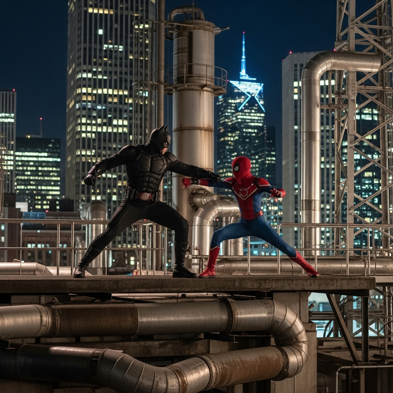Batman vs. Spiderman: Intense Night Battle - Urban Skyscraper Clash
