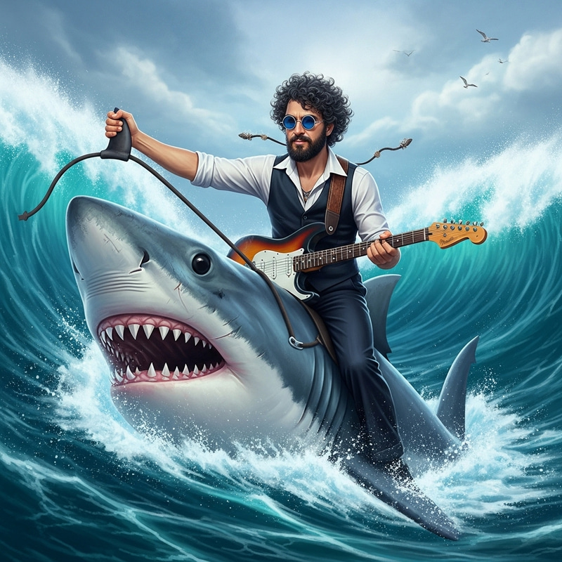 Jeff Lynne Riding Shark in Epic Ocean Scene Jeff Lynne Riding Shark in Epic Ocean Scene