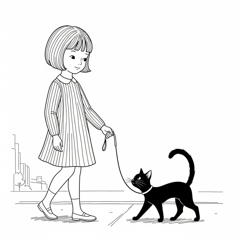 Young Girl Walking Black Cat - Simple Black and White Illustration