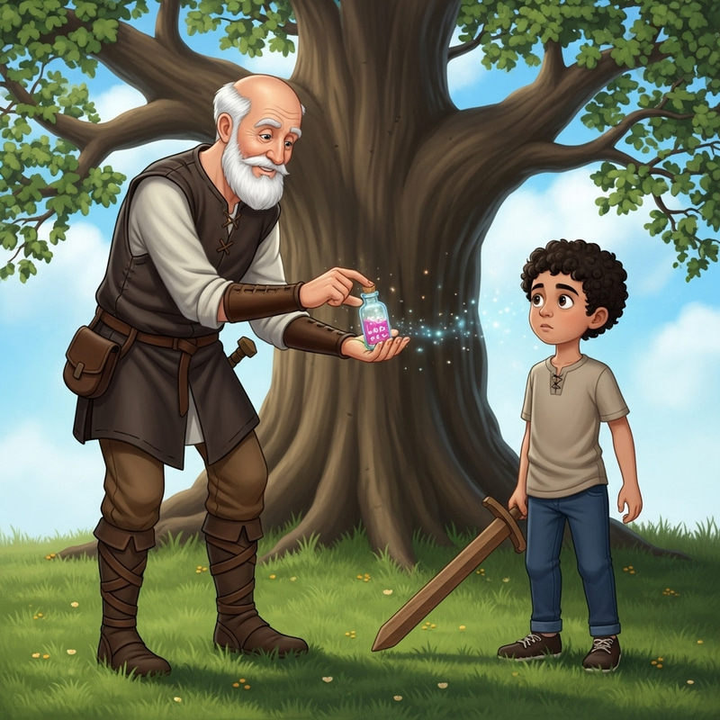 Mystical Moment: Elderly Man Gives Love Potion to Young Boy