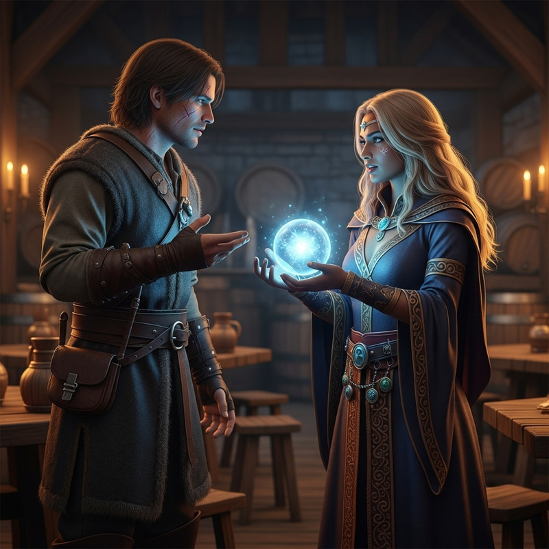 Man with Scars and Sorceress in Dimly Lit Tavern Man with Scars and Sorceress in Dimly Lit Tavern