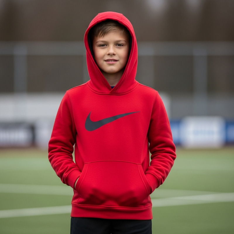 Vibrant Red Nike Sweatshirt on Young Boy | Trendy Sporty Style Vibrant Red Nike Sweatshirt on Young Boy | Trendy Sporty Style