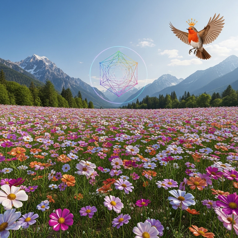 Shiny Metallic Flowers in Enchanting Mountain Landscape Shiny Metallic Flowers in Enchanting Mountain Landscape