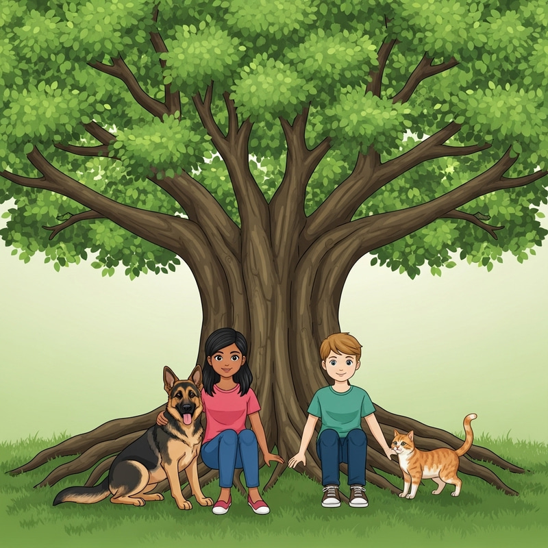 Peaceful Nature Scene: Multicultural Couple with Pets under Shade Tree