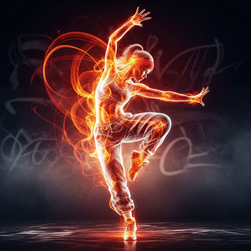 Translucent Hispanic Hip-Hop Dancer with Fiery Energy Translucent Hispanic Hip-Hop Dancer with Fiery Energy