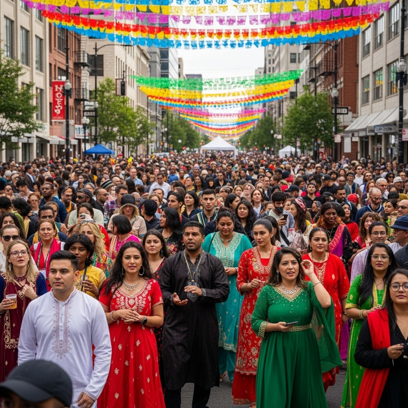 Vibrant Crowd in Colorful Street Fest: A Lively Scene