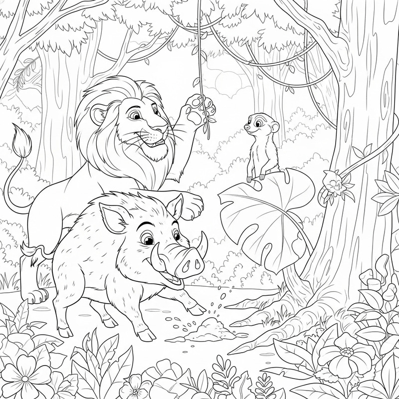 Monochrome Lion, Boar, and Meerkat Playful Jungle Coloring Image Monochrome Lion, Boar, and Meerkat Playful Jungle Coloring Image