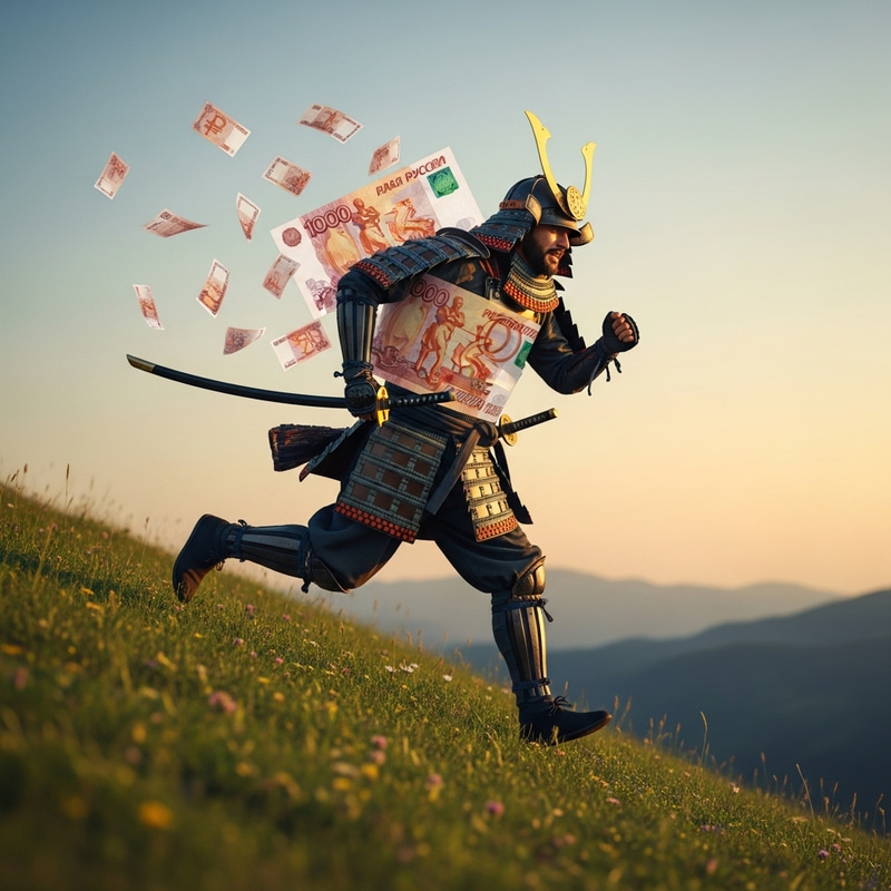Russian Ruble Samurai Racing Across Hillside