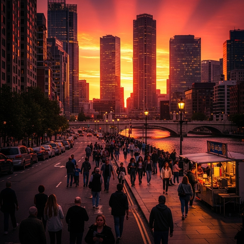 Vibrant Dusk Cityscape with River Views Vibrant Dusk Cityscape with River Views