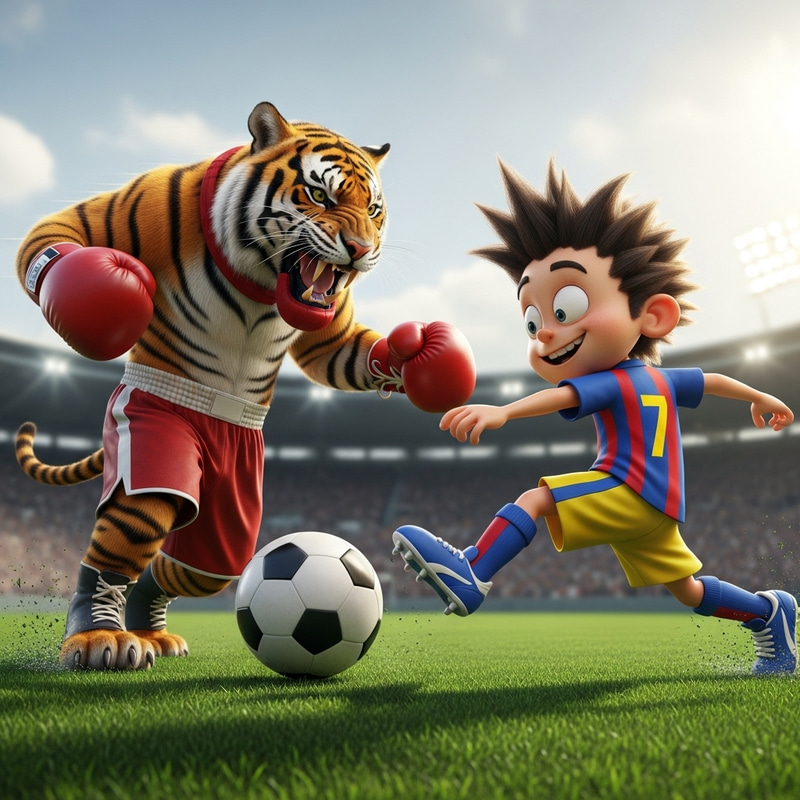 Fierce Tiger Boxer in a Match Against Bart Simpson in Barca Shirt
