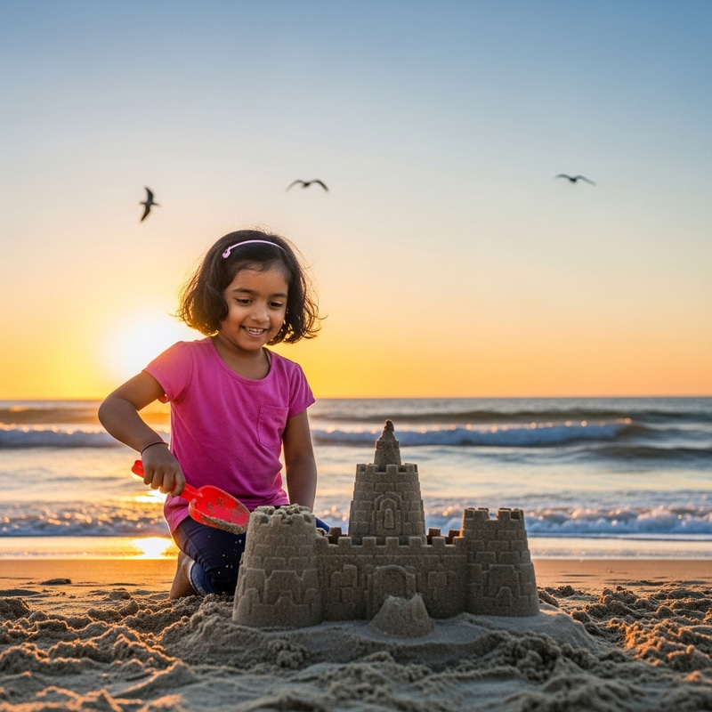 Joyful Girl Building Sandcastle on Sunset Beach Joyful Girl Building Sandcastle on Sunset Beach