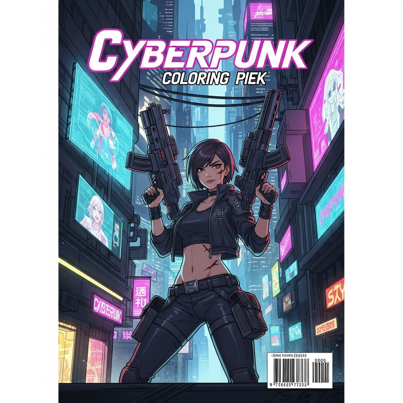Cyberpunk Anime Coloring Book: Badass Girl in Futuristic Cityscape