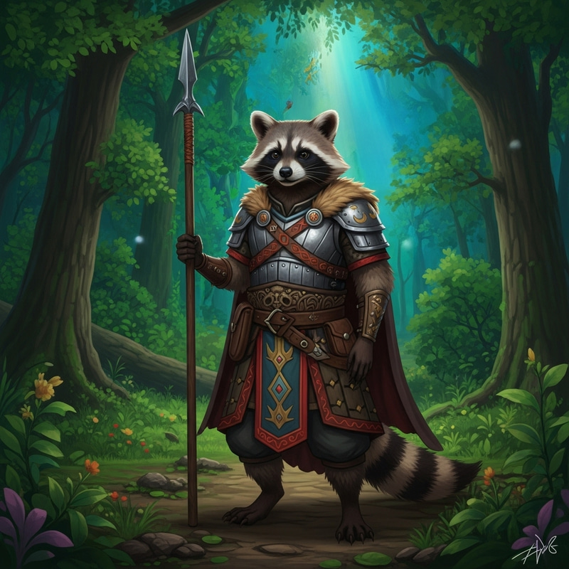 Raccoon Warrior in Medieval Attire Amid Lush Forest | Enchanting Solitude Raccoon Warrior in Medieval Attire Amid Lush Forest | Enchanting Solitude