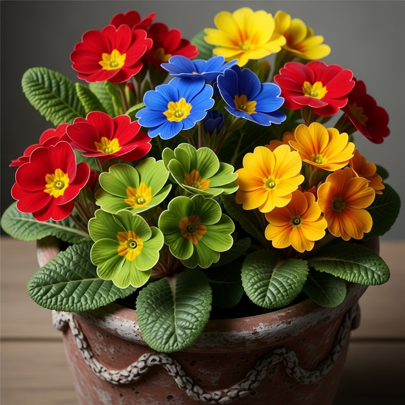 Realistic Primrose Varieties in Rustic Pot - Vibrant Blooms Realistic Primrose Varieties in Rustic Pot - Vibrant Blooms