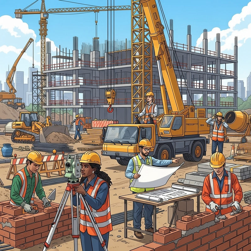 Detailed Daytime Construction Scene with Diverse Workers Detailed Daytime Construction Scene with Diverse Workers