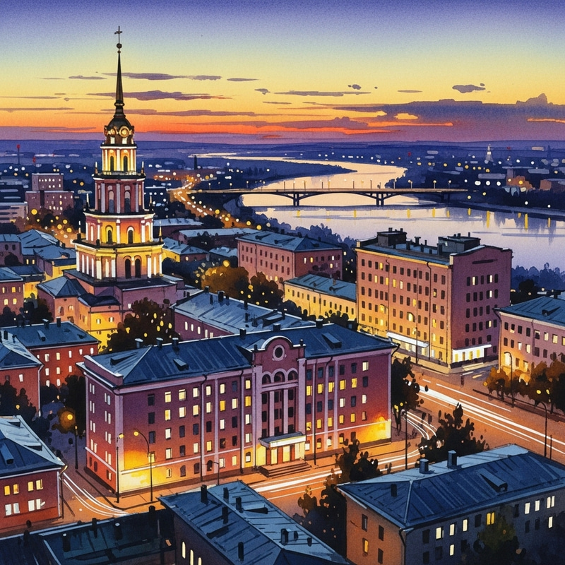 Vibrant Cityscape of Barnaul: Traditional Watercolor Painting in Stunning Light and Shadow Vibrant Cityscape of Barnaul: Traditional Watercolor Painting in Stunning Light and Shadow