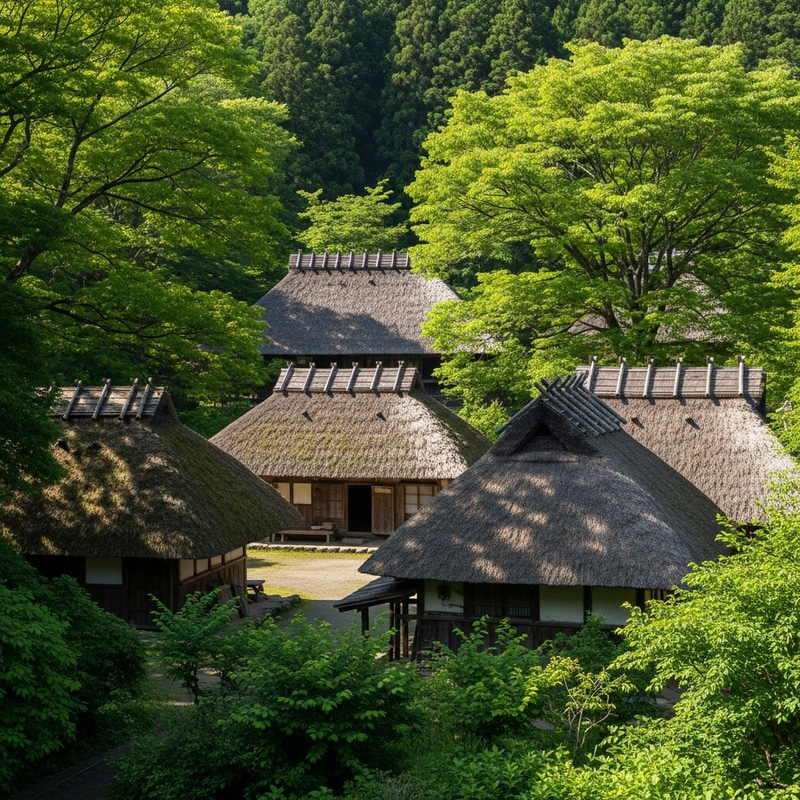 Peaceful Village Amidst Thatched-Roof Houses and Lush Greens