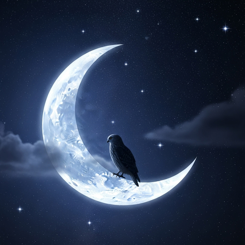 Moonlit Serenity: Bird Resting on the Moon with Twinkling Stars Moonlit Serenity: Bird Resting on the Moon with Twinkling Stars