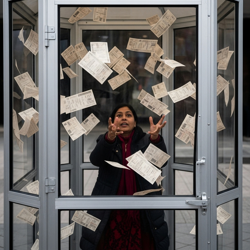 Person Catching Coupons in Transparent Booth with Aluminum Trim Person Catching Coupons in Transparent Booth with Aluminum Trim