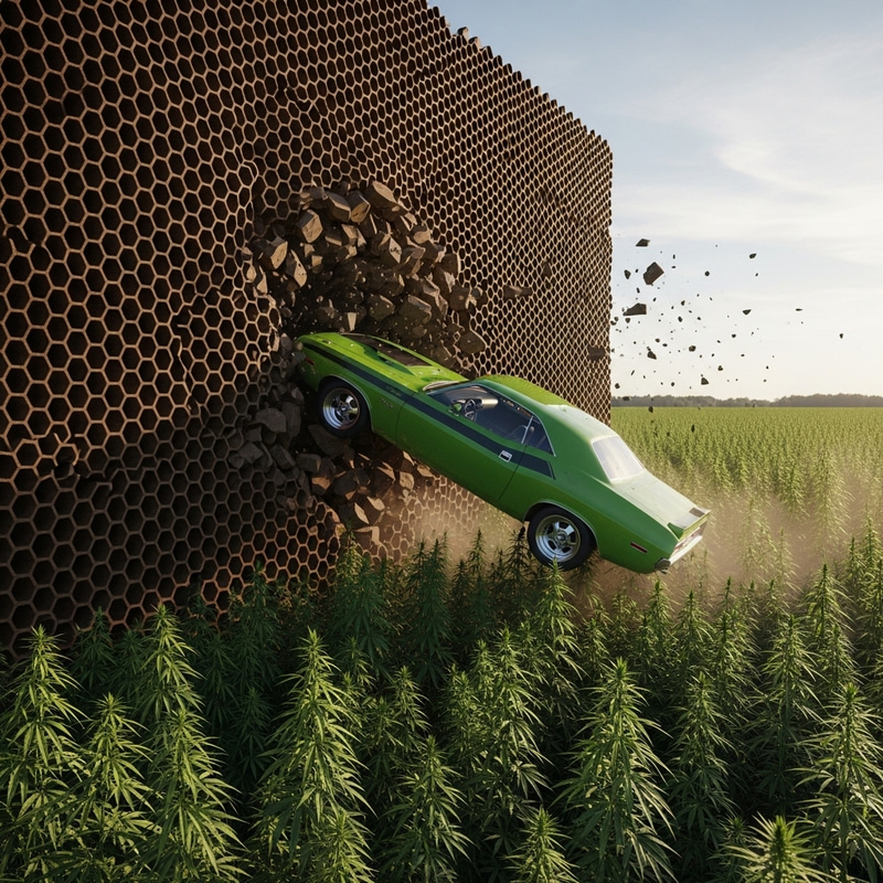 Green Car Emerges from Brown Honeycomb Wall