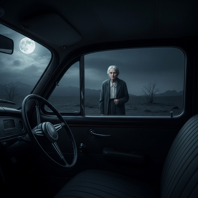 Eerie Haunted Scene: Old Spooky Lady at Vintage Car