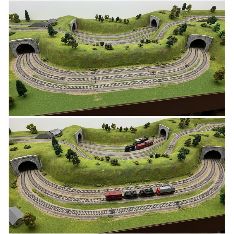 Creative N Scale Model Train Layouts with Tunnel and Hills | Top View Creative N Scale Model Train Layouts with Tunnel and Hills | Top View