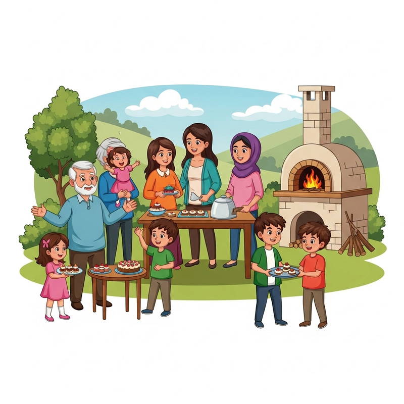 Joyful Levantine Family Celebrates New Year with Festive Dessert Making | Village Garden Scene Joyful Levantine Family Celebrates New Year with Festive Dessert Making | Village Garden Scene