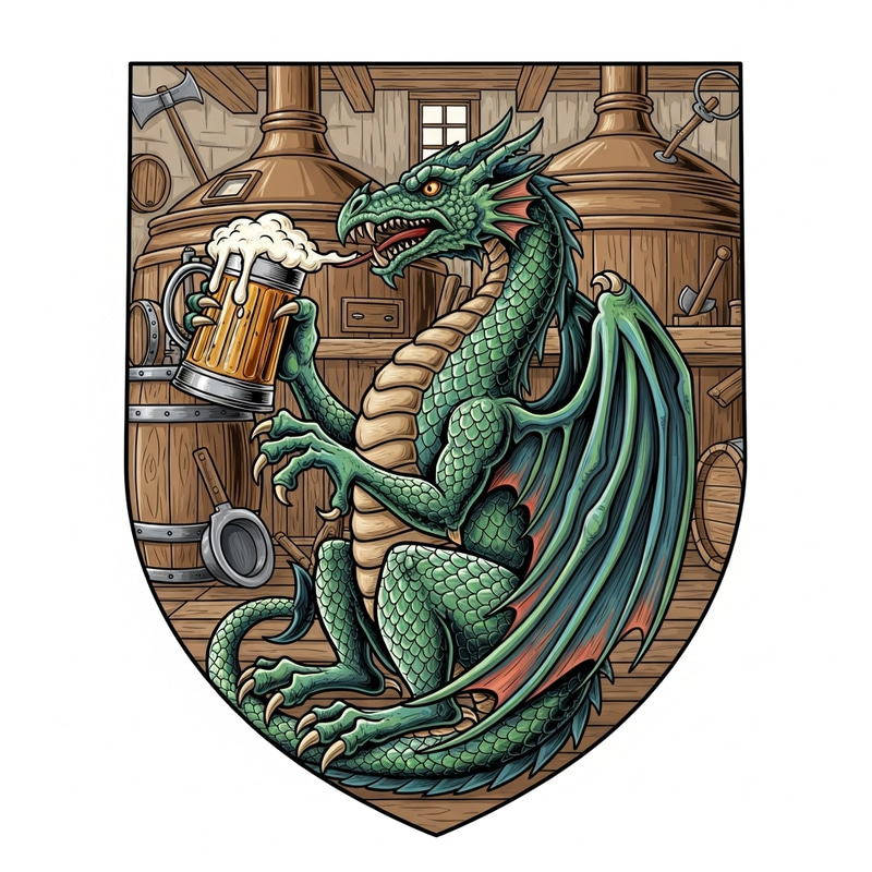 Dragon Brewery Coat of Arms with a Beer-Drinking Dragon