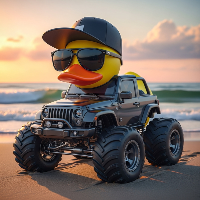 Unique Rubber Duck with Monster Truck Tires on Beach Unique Rubber Duck with Monster Truck Tires on Beach
